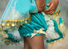 Load image into Gallery viewer, Detail of matching turquoise bloomers and layered petticoat beneath girls princess costume dress