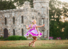 Load image into Gallery viewer, Back view of girls purple fairytale dress with satin bow, puff sleeves and full twirling skirt