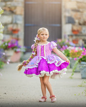 Load image into Gallery viewer, Girl wearing a purple princess costume dress with lace, embroidery and full twirl skirt