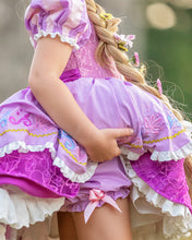 Load image into Gallery viewer, Close-up of girls purple princess dress with embroidered skirt, lace layers and matching bloomers