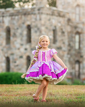 Load image into Gallery viewer, Girls purple princess Halloween costume with lace-up bodice, puff sleeves and full lace skirt