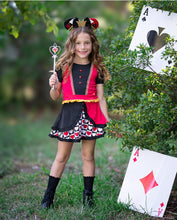 Load image into Gallery viewer, Girls red and black Halloween active dress with a dramatic seasonal design and full twirl skirt, made for a queen.