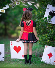 Load image into Gallery viewer, Back view of a girls red and black Halloween active dress showing the full skirt and back design, made for a queen.