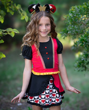 Load image into Gallery viewer, Close-up of the red and black decorative details on a girls Halloween active dress, made for a queen.
