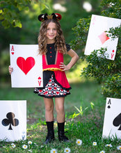 Load image into Gallery viewer, Front view of a girls red and black Halloween play dress designed for comfortable movement, made for a queen.