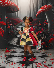 Load image into Gallery viewer, Royal girls Halloween dress featuring rich red and black velvet, heart accents, puff sleeves, and a full twirl skirt.