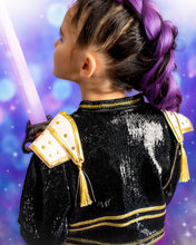 Load image into Gallery viewer, Back view of black sequin costume jacket with white and gold shoulder epaulettes and tassels