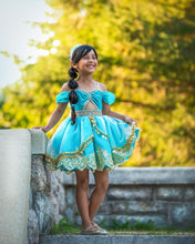 Load image into Gallery viewer, Girls turquoise princess dress with off-the-shoulder sleeves, full layered skirt and ornate gold trim