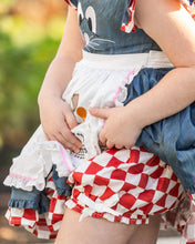 Load image into Gallery viewer, Detail of mouse chef costume dress with checkered skirt ruffles, white apron and matching bloomers