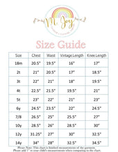 Load image into Gallery viewer, Once Upon A Time girls princess dress size chart with chest, waist and length measurements