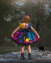 Load image into Gallery viewer, Back view of Sally inspired girls Halloween dress with oversized bow