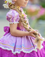 Load image into Gallery viewer, Girls purple fairytale princess dress with embroidered skirt, puff sleeves and lace detailing
