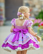 Load image into Gallery viewer, Back view of girls purple princess dress with elastic lace bodice and large satin bow