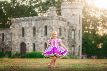 Load image into Gallery viewer, Girl wearing a purple fairytale princess dress with a full layered skirt and embroidered details