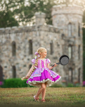 Load image into Gallery viewer, Girl wearing a purple storybook princess costume with embroidered overskirt and layered lace