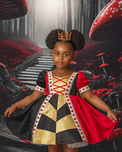Load image into Gallery viewer, Front view of a boutique Halloween dress with faux lace-up bodice, puff sleeves, and decorative heart details.