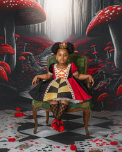Load image into Gallery viewer, Red, black, and gold boutique dress with heart detailing.