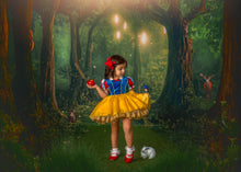Load image into Gallery viewer, Storybook-inspired girls princess dress with blue velvet bodice and shimmery yellow organza skirt