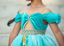Load image into Gallery viewer, Close-up of turquoise sparkle velvet princess dress bodice with gold trim, jewel accent and adjustable straps