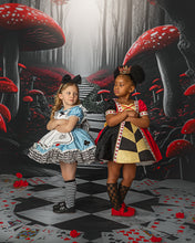 Load image into Gallery viewer, Red, black, and gold boutique dress with heart detailing.