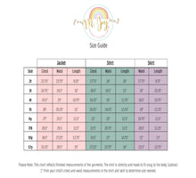 Load image into Gallery viewer, We Are Hunters girls costume size chart for jacket, shirt and skort measurements